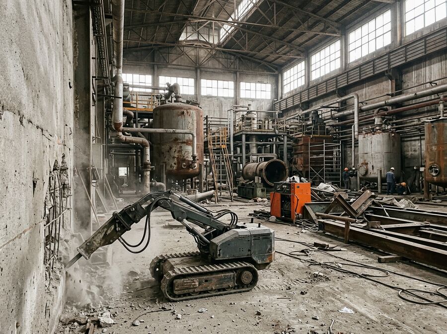 Industrial strip-out with remote-control demolition robot access